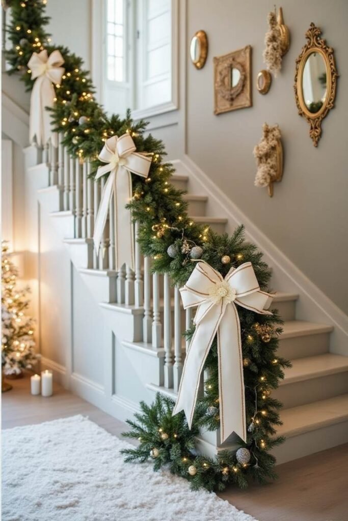 Classic Elegance: White and Gold Staircase Garland – A Timeless, Luxurious Holiday Entrance