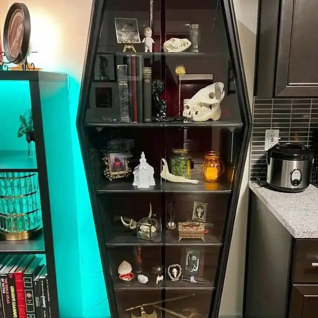 Coffin-Shaped Display with Curios and Mystical Elements idea 2