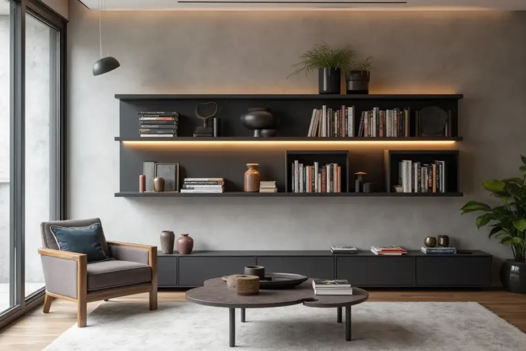 Modern floating shelves living room idea2