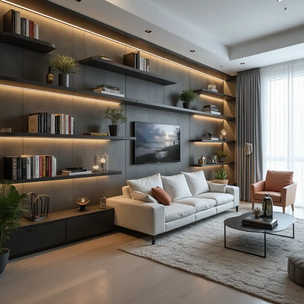 Modern floating shelves living room idea1