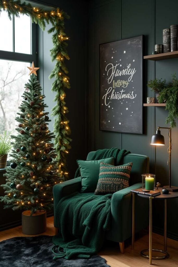 Cozy Black And Green Christmas Nook – A Tranquil Corner of Festive Comfort