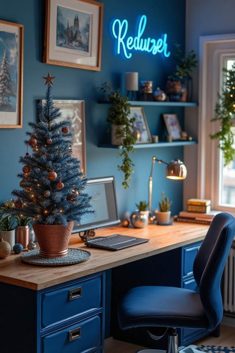 Eclectic Blue and Copper Christmas Office – Where Festivity Meets Productivity