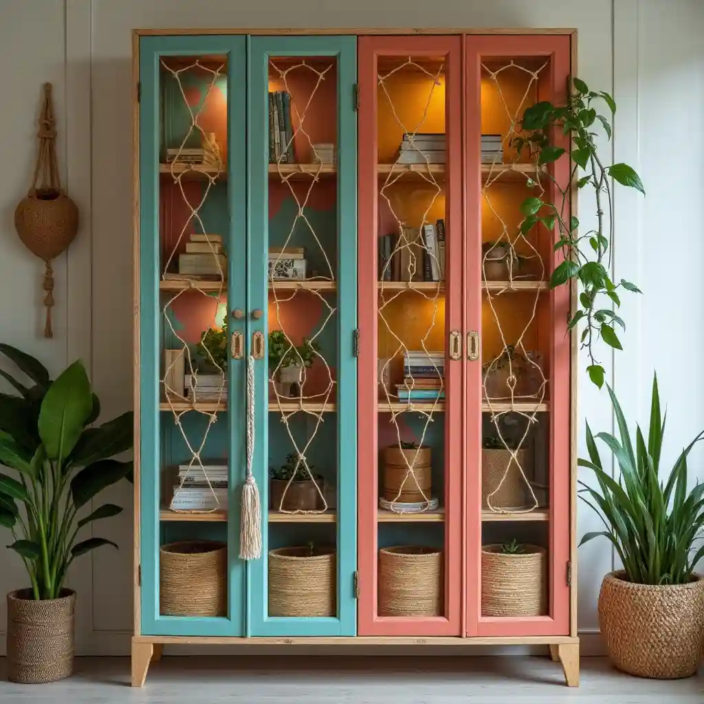 Eclectic Boho Glass Door Bookshelf with Colorful Accents idea 1