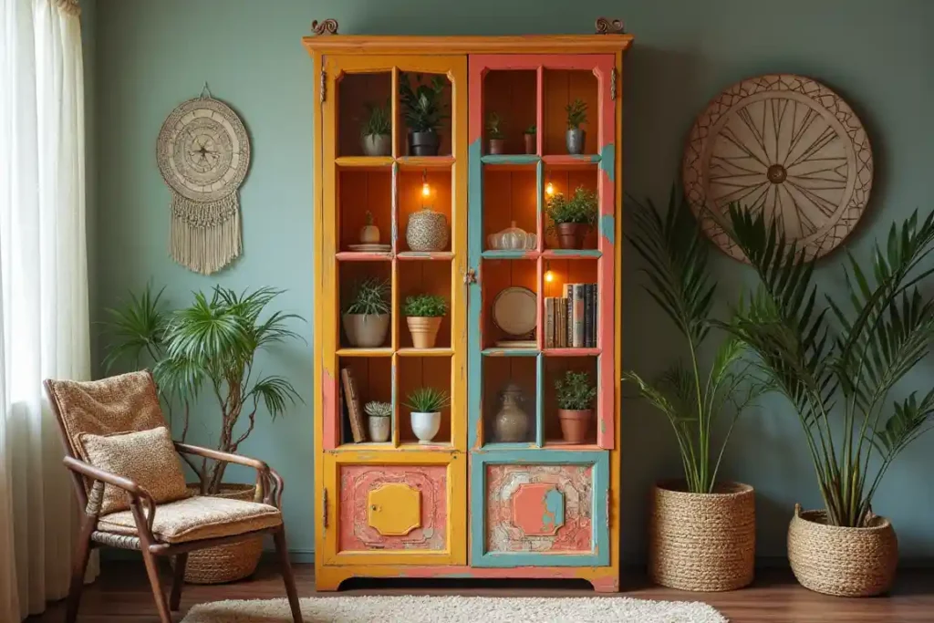 Eclectic Boho Glass Door Bookshelf with Colorful Accents idea 2