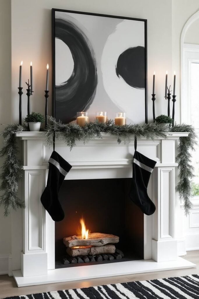 Elegant Black and White Mantel Design – Modern Minimalism with Timeless Flair