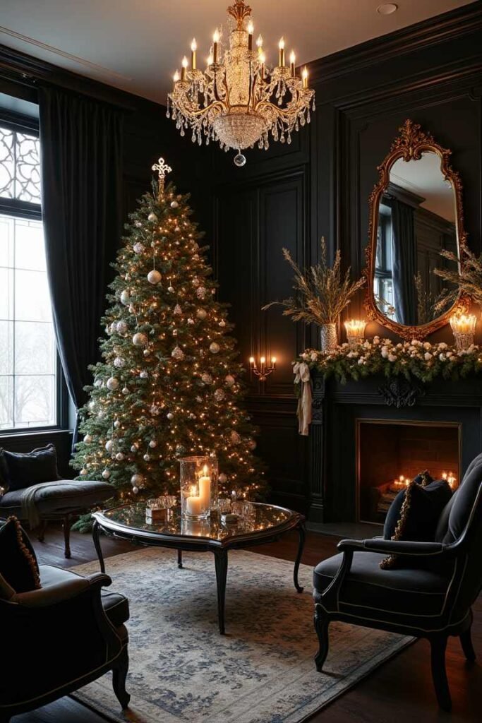 French Chic Black Christmas Living Room - Opulent Festivity with Timeless Elegance