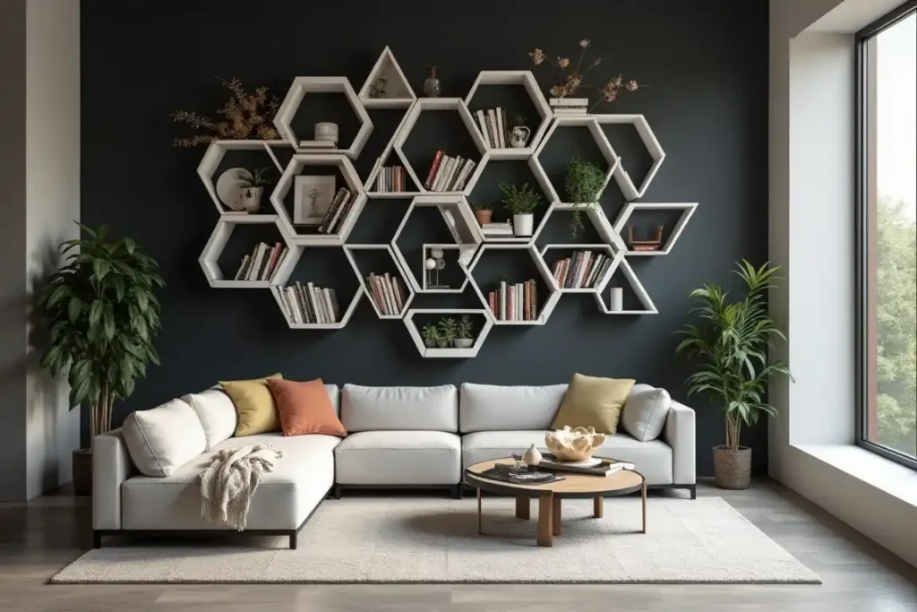 Geometric book shelves in living room