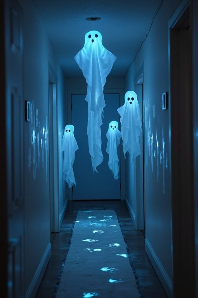 Ghostly Hallway with DIY Floating Sheet Ghosts