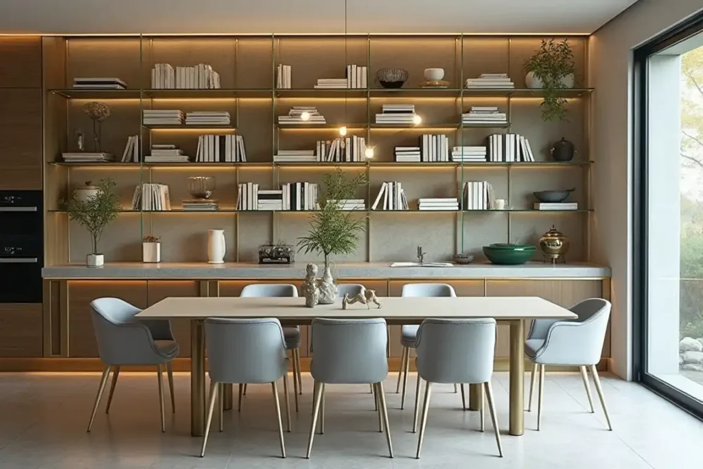 Luxe dining area book shelves