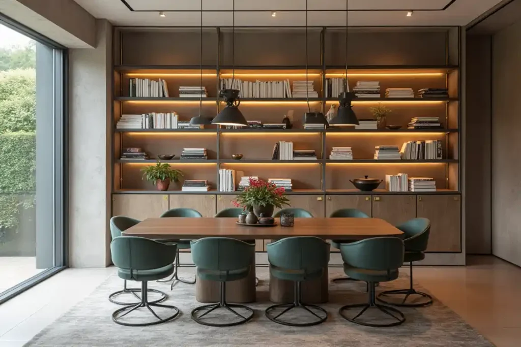 Contemporary book shelves in dining