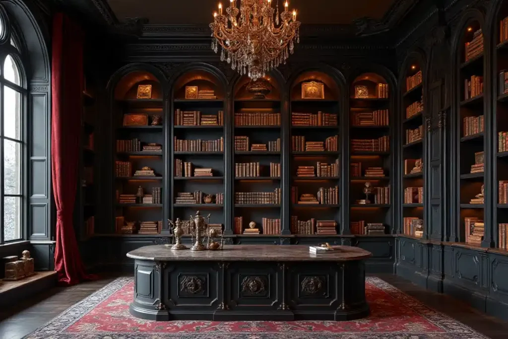 Elegant gothic book shelves with chandelier