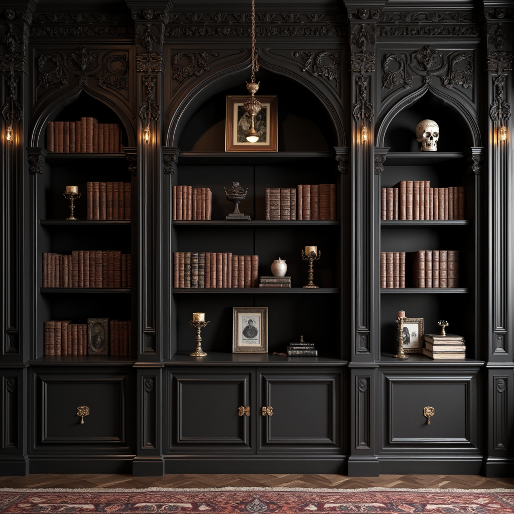 Gothic black book shelves with decor