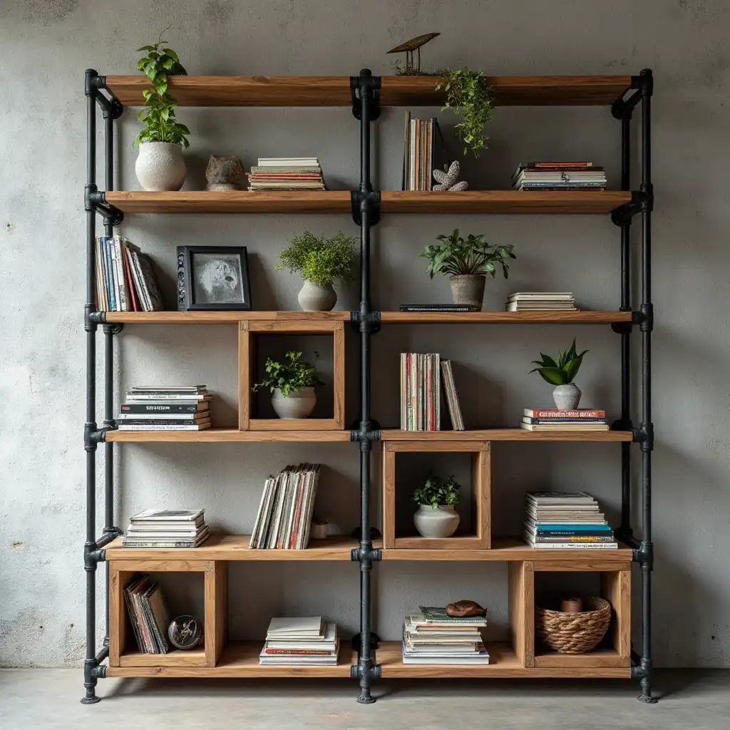 Industrial book shelves with plants