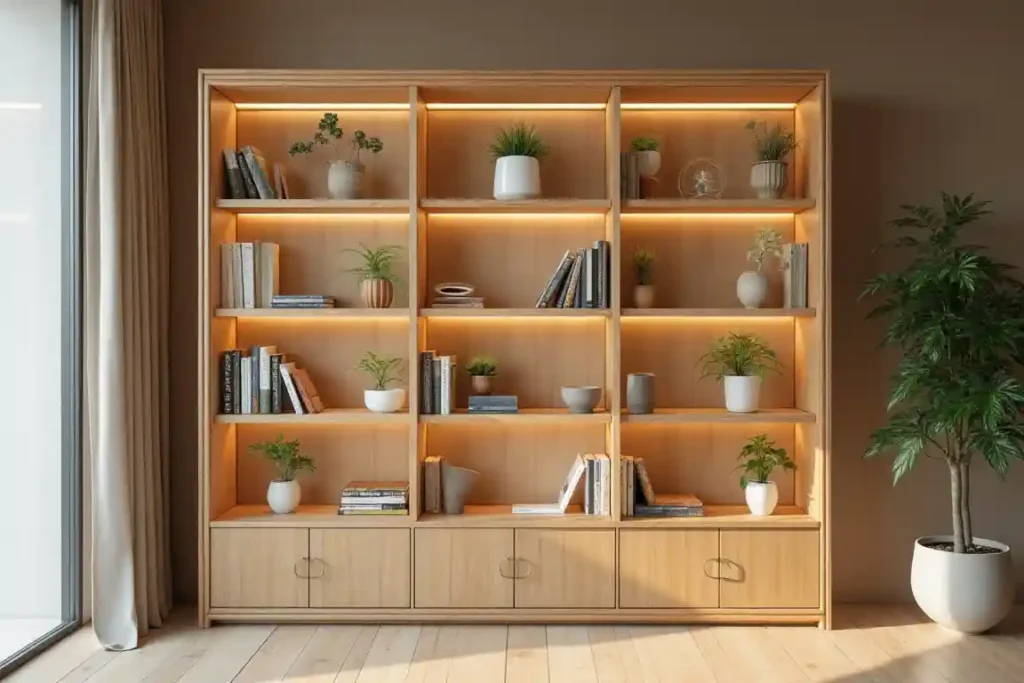 Japandi Serenity Glass and Bamboo Bookshelf idea 1