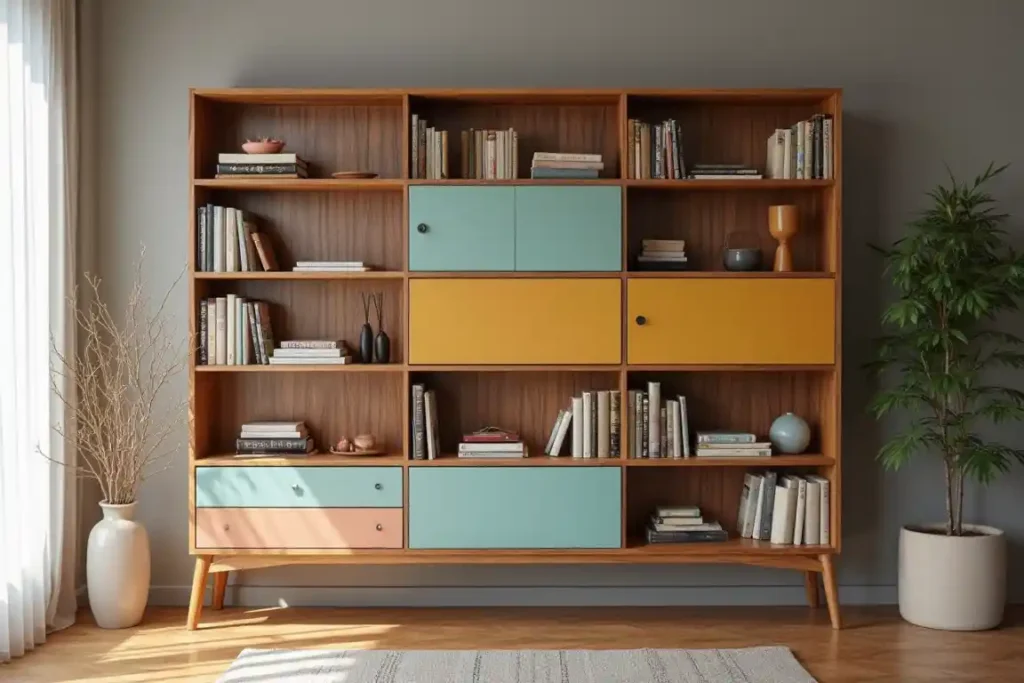 Colorful book shelves with storage