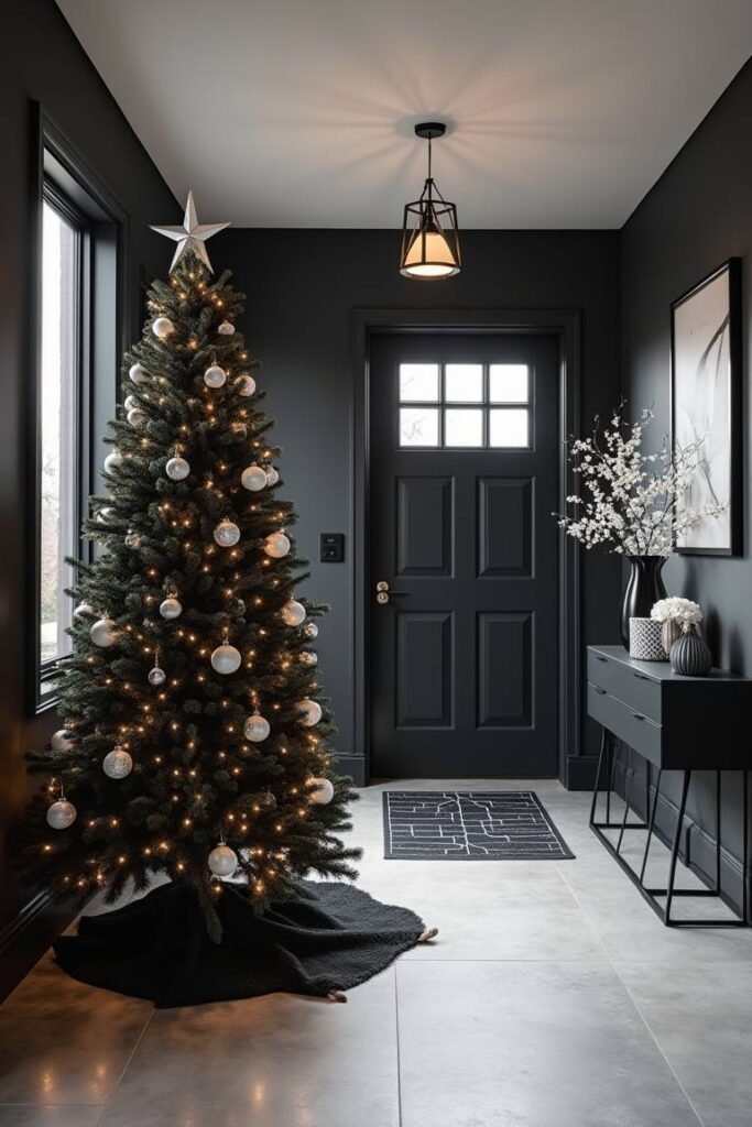 Modern Black Christmas Entryway - Sleek, Minimalist Elegance with a Festive Touch