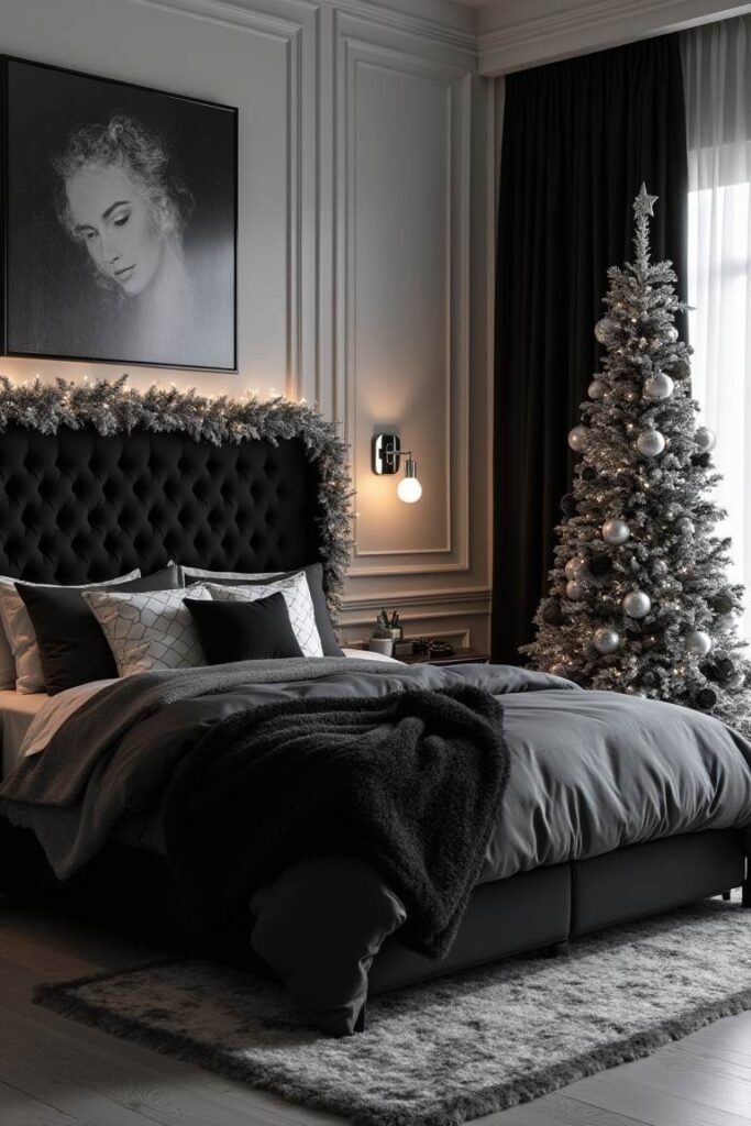 Modern Black and Silver Christmas Bedroom – A Fusion of Luxury and Tranquility