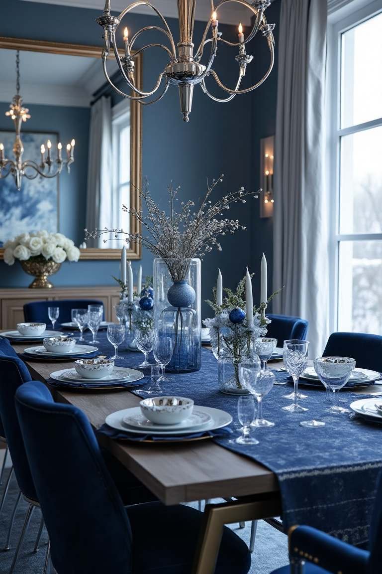 Modern Metallic Blue Dining Room Christmas - A Harmonious Blend of Elegance and Festivity
