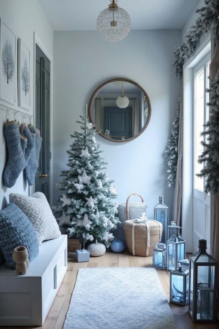Nordic Blue and Silver Winter Wonderland Hallway – A Serene, Frosty Welcome