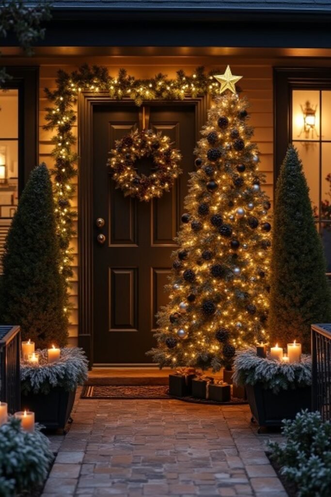 Outdoor Black and Gold Christmas Display – Luxurious Holiday Curb Appeal