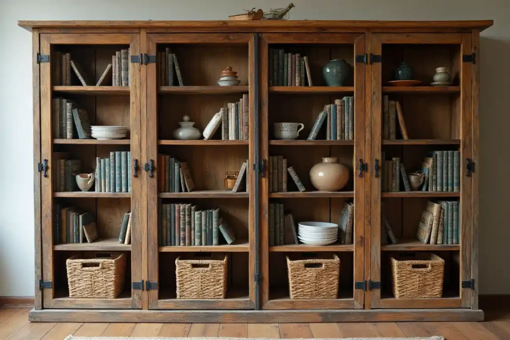 Rustic Charm: Reclaimed Wood & Glass Door Bookshelf idea 1