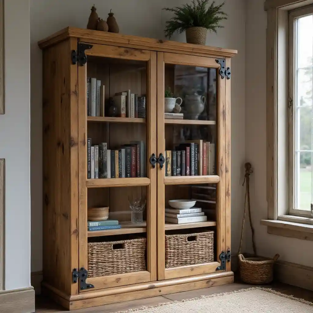 Rustic Charm: Reclaimed Wood & Glass Door Bookshelf idea 2