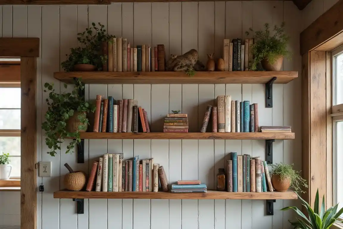 Rustic wooden book shelves in kitchen