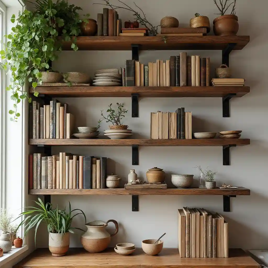 Rustic wooden book shelves with decor