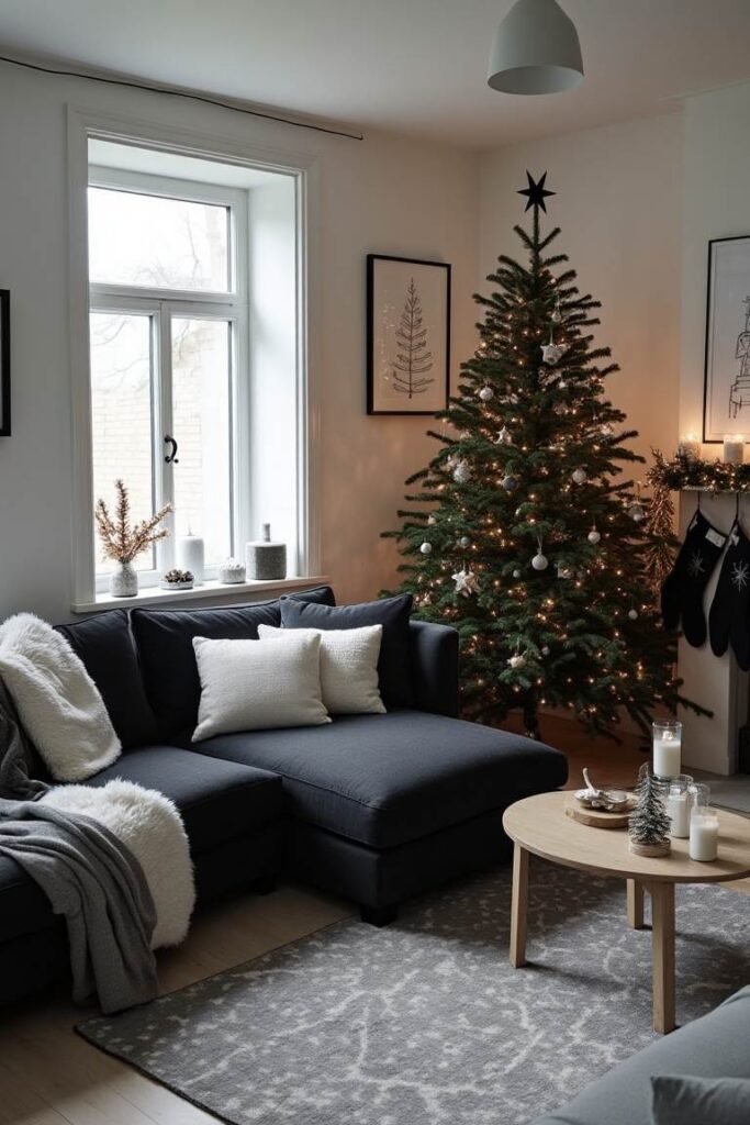 Scandinavian Black Christmas Living Room – Sleek Simplicity with a Cozy Holiday Touch