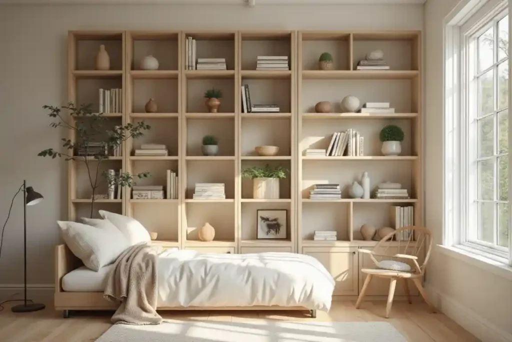 Scandinavian minimalist book shelves with natural decor