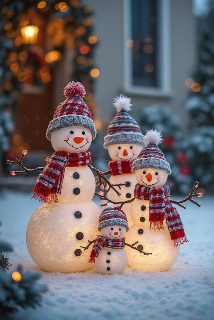 Snowman Family with Scarves and Hats