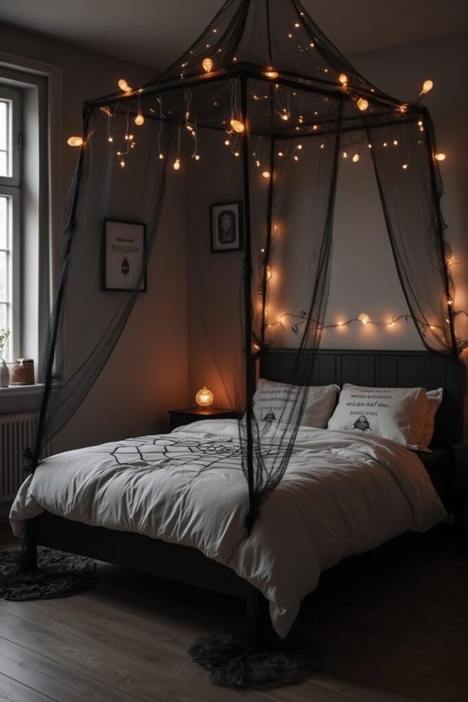 Spooky Minimalist Bedroom with DIY Spider Web Canopy