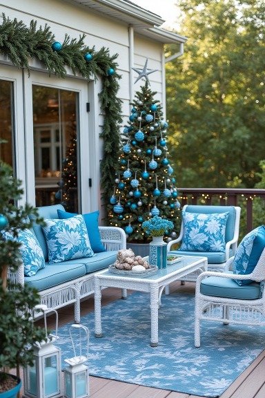 Tropical Blue and White Christmas Patio – A Breezy Holiday Escape