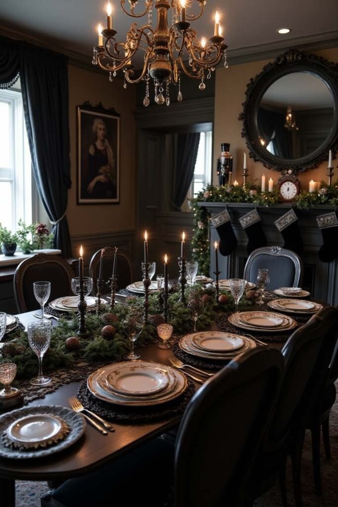 Victorian-Inspired Black Christmas Dining Area – A Festive Blend of Vintage Elegance and Timeless Charm