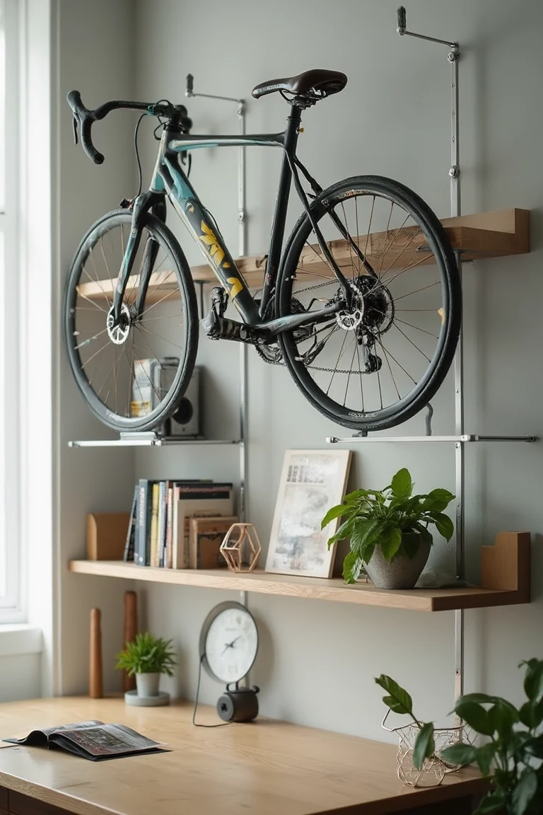 Wall-Mounted Bike Rack with Shelving Unit 2