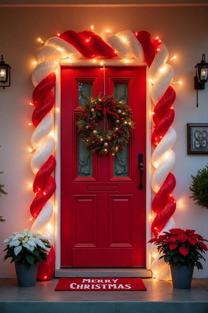 Whimsical Candy Cane Entryway – A Playful and Bright Holiday Welcome