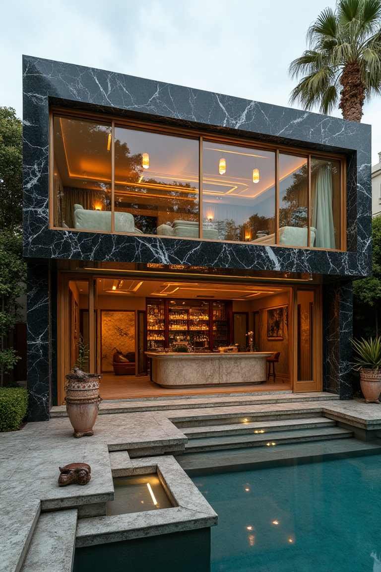Noir Marble Luxe - Modern Art Deco Pool House Redefines Elegant Entertainment