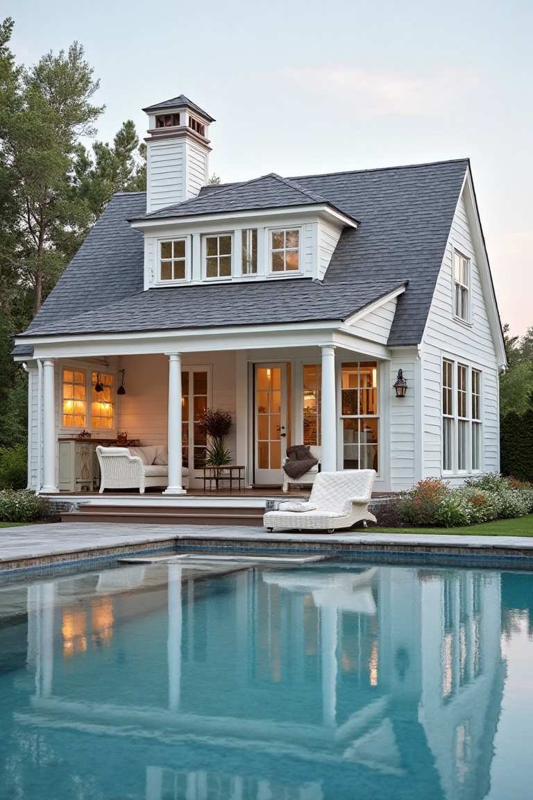 Crisp White Coastal Cottage - Hampton-Style Pool House Exemplifies Refined Leisure
