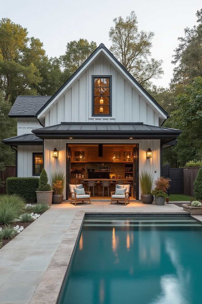 Modern Farmhouse Pool House Blends Rustic Charm with Contemporary Living