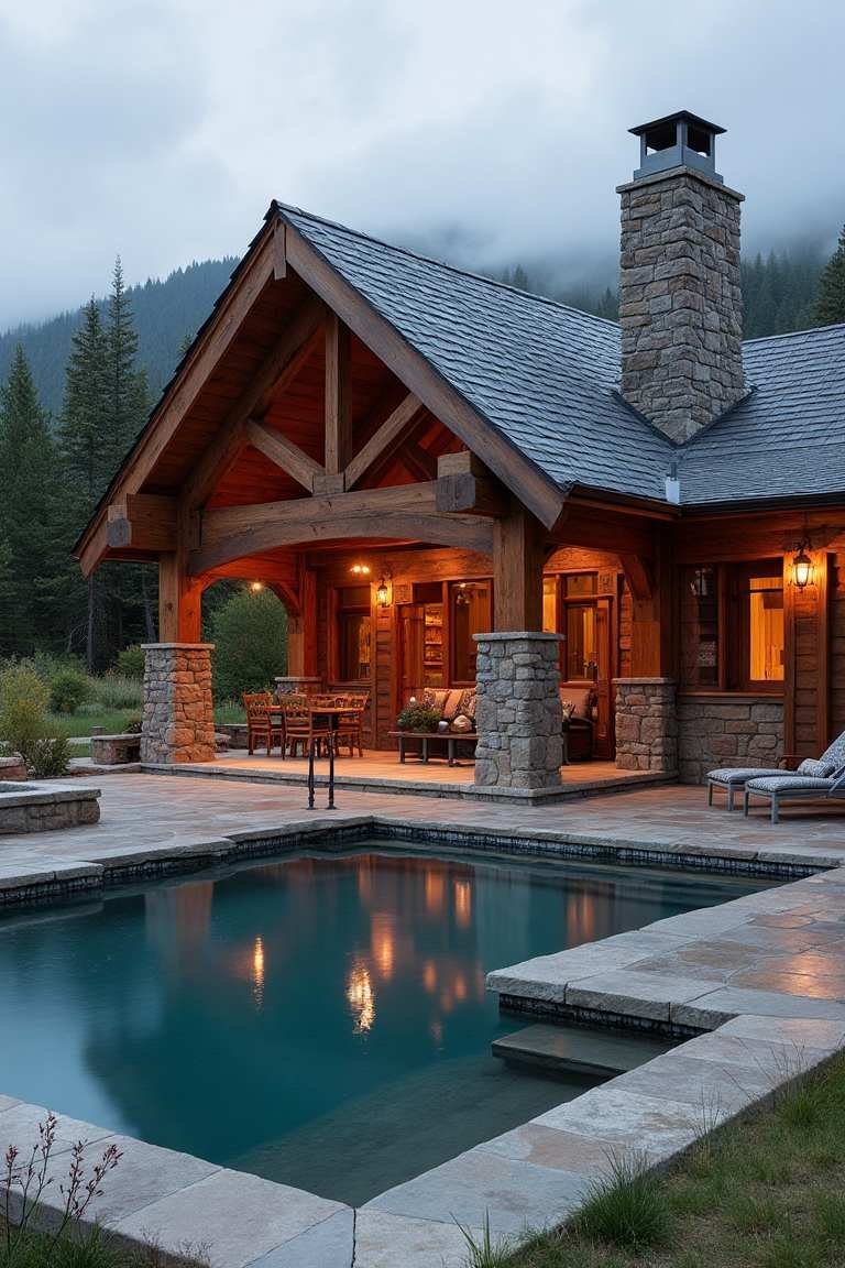 Rustic Timber and Stone Haven - Alpine Pool House Celebrates Mountain Architecture