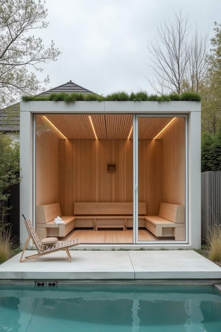 Sage and Blonde Wood Sanctuary - Nordic Pool House Embraces Scandinavian Serenity