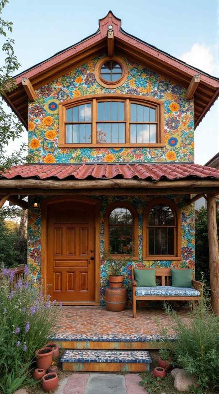 Vibrant Bloom Retreat – Bohemian Oasis with Colorful Tiles and Driftwood