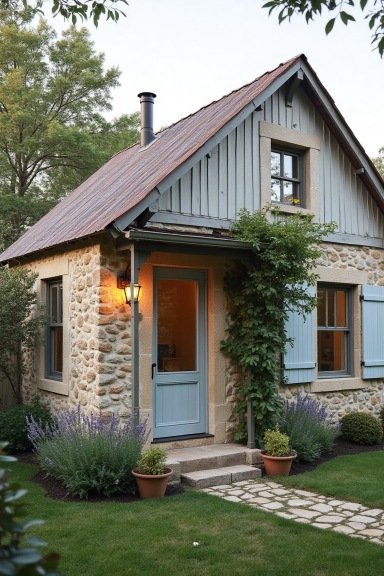 Rustic Provencal Haven – A Tiny Home with Stone Walls and Blue Charm