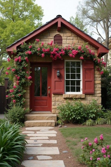 Blossoming Retreat – Stone Cottage with Bougainvillea and Red Accents