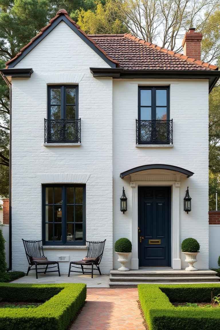 Parisian Poise – White Brick Facade with Ornate Iron Details