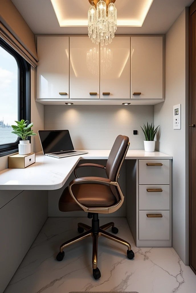 Marble and Brass Elegance-Compact Luxury RV Office