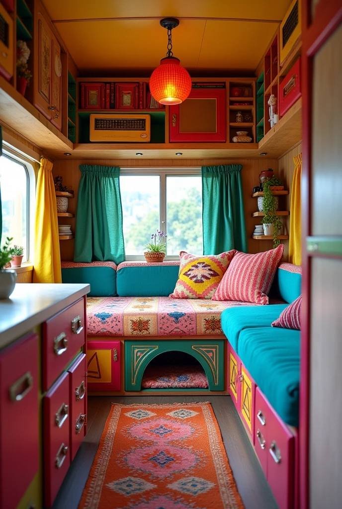 Colorful Caravan Dining – Eclectic Charm with a Cozy Pet Corner