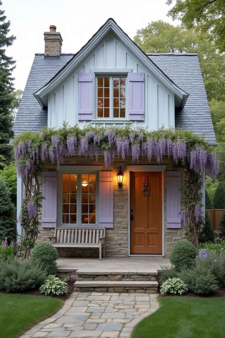 Lavender Whispers – French Country Cottage with Gray Stone and Wisteria Blooms