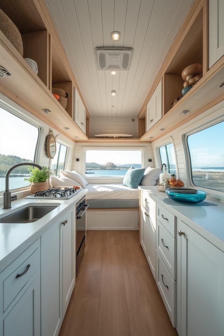 Minimalist Coastal Serenity – A Modern Camper with Oceanic Charm