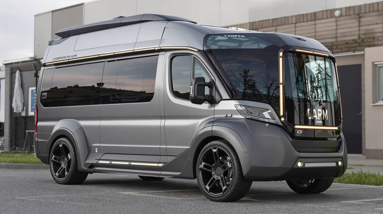 Modern Futuristic Camper Van, details, gate open some interior visible